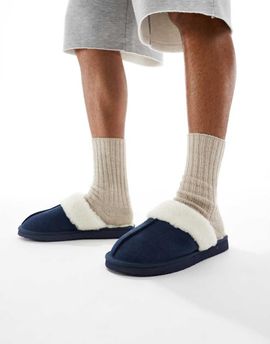 ASOS DESIGN ASOS DESIGN mule slippers in navy suede with faux shearling lining
