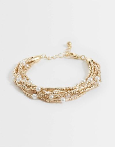 ASOS DESIGN ASOS DESIGN multi-row bracelet with bead and faux pearl design in gold tone