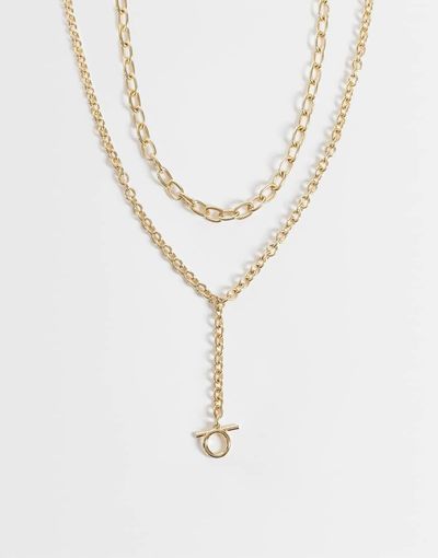ASOS DESIGN ASOS DESIGN multi-row chunky chain necklace with t-bar pendant in gold tone