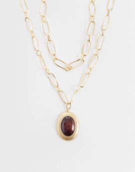 ASOS DESIGN ASOS DESIGN multi-row necklace with large burgundy resin pendant in gold tone