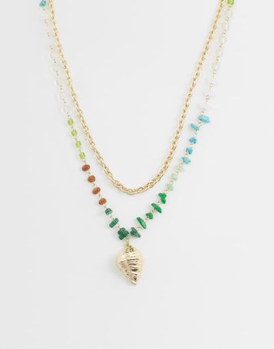ASOS DESIGN ASOS DESIGN multi-row necklace with multi-colored faux chippings and shell pendant in gold tone