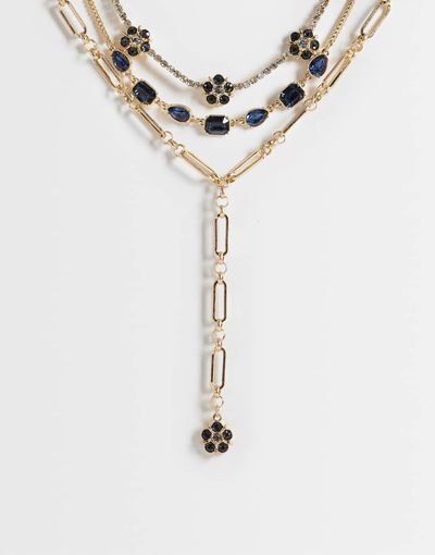 ASOS DESIGN ASOS DESIGN multirow necklace with mix chain detail and blue stone set in gold tone