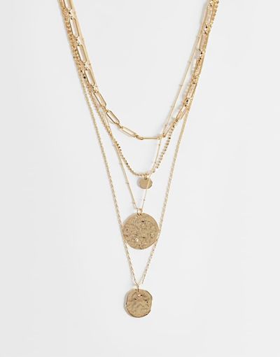 ASOS DESIGN ASOS DESIGN multirow necklace with mixed chain detailing and molten round pendant in gold tone