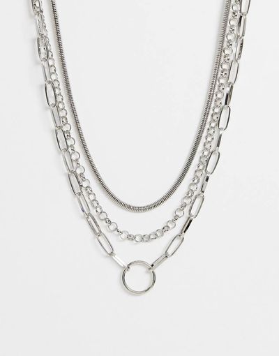 ASOS DESIGN ASOS DESIGN multirow necklace with snake and open link chain in silver tone