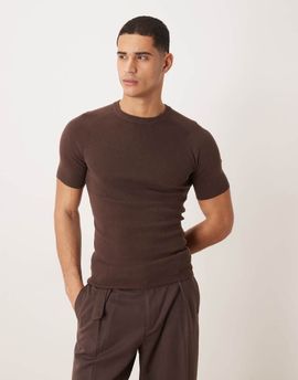 ASOS DESIGN ASOS DESIGN muscle fit knit ribbed crew neck T-shirt with saddle sleeve in brown cotton blend