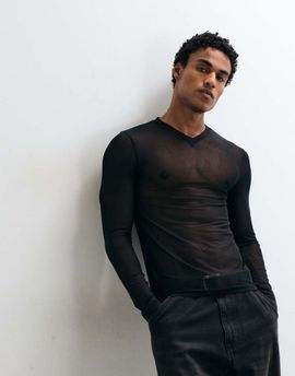 ASOS DESIGN ASOS DESIGN muscle fit long sleeve t-shirt with v-neck in black mesh