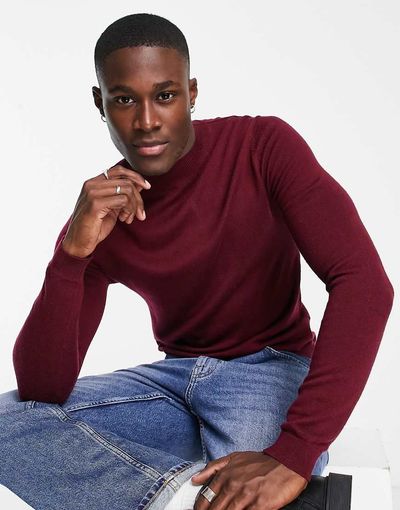 ASOS DESIGN ASOS DESIGN muscle fit premium merino wool turtle neck sweater in burgundy-Red