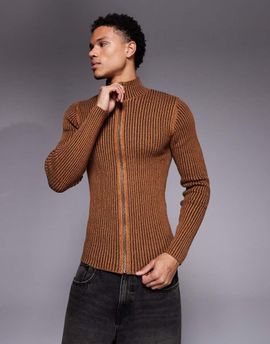 ASOS DESIGN ASOS DESIGN muscle fit rib knit zip up jacket in brown wash