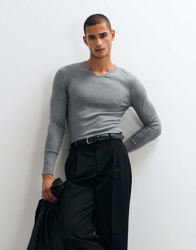 ASOS DESIGN ASOS DESIGN muscle fit ribbed long sleeve henley in charcoal heather-Gray