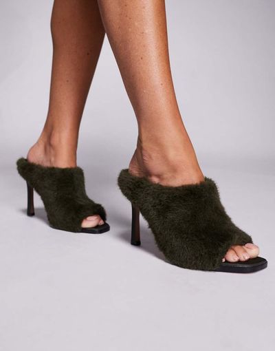 ASOS DESIGN ASOS DESIGN Nessa faux fur high heel mules in forest green