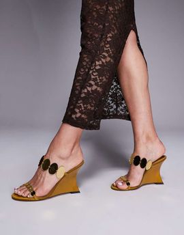 ASOS DESIGN ASOS DESIGN Nila circle trim detail high wedges in ochre-Green