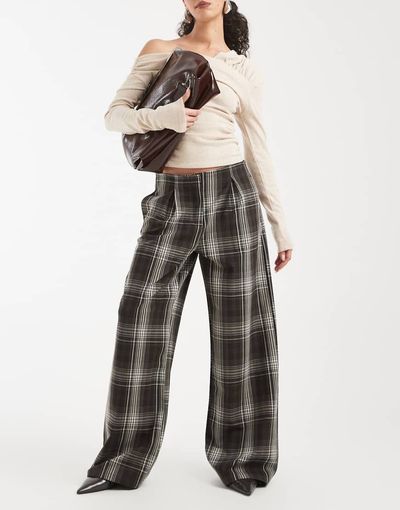 ASOS DESIGN ASOS DESIGN no waistband straight leg pants in brown check-Multi
