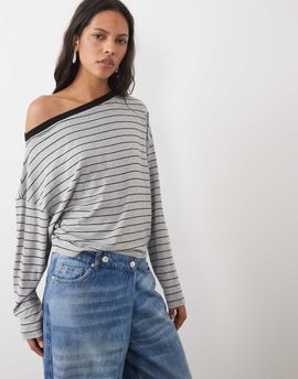 ASOS DESIGN ASOS DESIGN off- shoulder long sleeve t-shirt in gray and black stripes-Multi