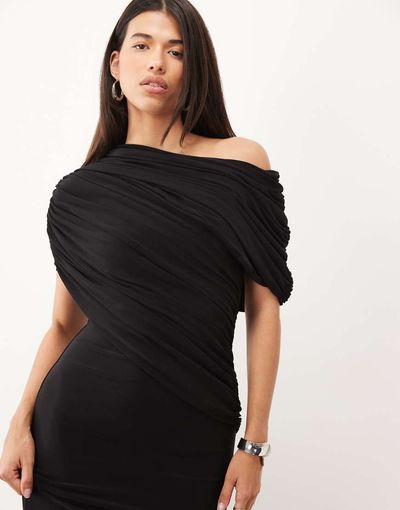 ASOS DESIGN ASOS DESIGN off-shoulder wrap bodice detail maxi dress with train in black
