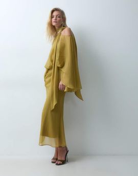 ASOS DESIGN ASOS DESIGN off shoulder chiffon cape maxi dress with scarf in ochre-Yellow