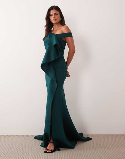 ASOS DESIGN ASOS DESIGN off shoulder dramatic ruffle maxi dress with train in teal scuba-style fabric-Green