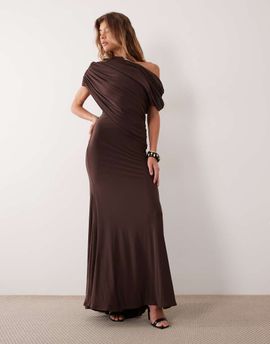 ASOS DESIGN ASOS DESIGN off shoulder wrap bodice detail maxi dress with train in chocolate-Brown