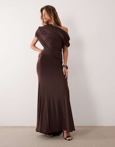 ASOS DESIGN ASOS DESIGN off shoulder wrap bodice detail maxi dress with train in chocolate-Brown