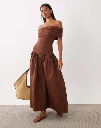 ASOS DESIGN ASOS DESIGN off the shoulder hybrid maxi dress in brown-White