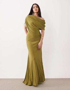 ASOS DESIGN ASOS DESIGN off the shoulder wrap bodice detailing maxi dress with train in green