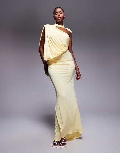 ASOS DESIGN ASOS DESIGN one-shoulder drape maxi dress with cape detail in buttermilk yellow