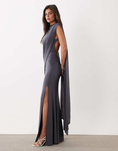 ASOS DESIGN ASOS DESIGN one-shoulder slinky maxi dress with sweeping sash detail in charcoal-Gray