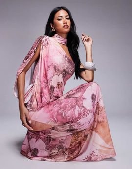 ASOS DESIGN ASOS DESIGN one shoulder drape maxi dress with cape detail in floral print-Multi