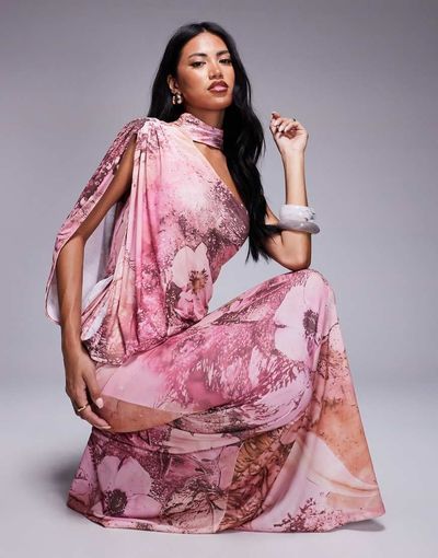 ASOS DESIGN ASOS DESIGN one shoulder drape maxi dress with cape detail in floral print-Multi