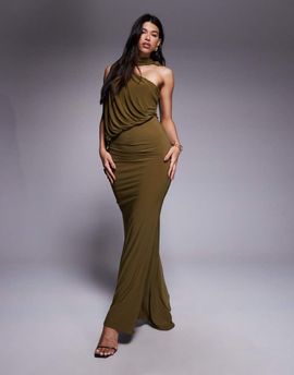 ASOS DESIGN ASOS DESIGN one shoulder drape maxi dress with cape detail in khaki-Green