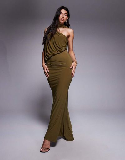 ASOS DESIGN ASOS DESIGN one shoulder drape maxi dress with cape detail in khaki-Green