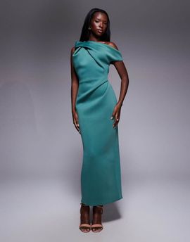 ASOS DESIGN ASOS DESIGN one shoulder drape neck midi dress in teal scuba-style fabric-Green