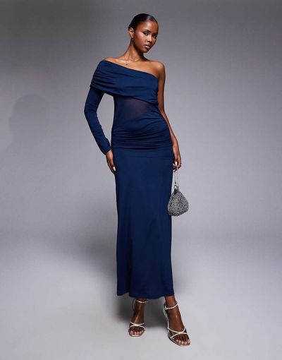ASOS DESIGN ASOS DESIGN one sleeve bardot maxi dress wirth mesh panel in navy