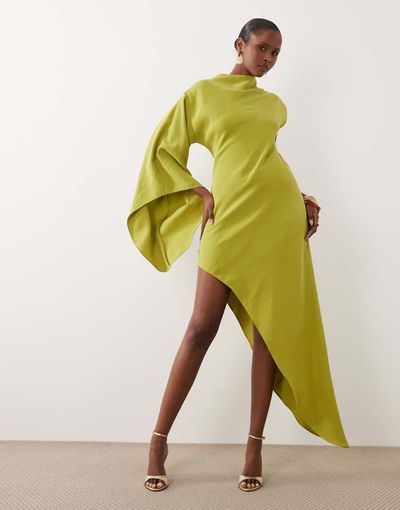 ASOS DESIGN ASOS DESIGN one sleeve high neck maxi dress with asymmetric hem in Light Green