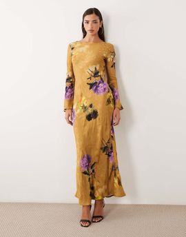 ASOS DESIGN ASOS DESIGN open back maxi dress with fluted sleeves in printed jacquard-MULTI