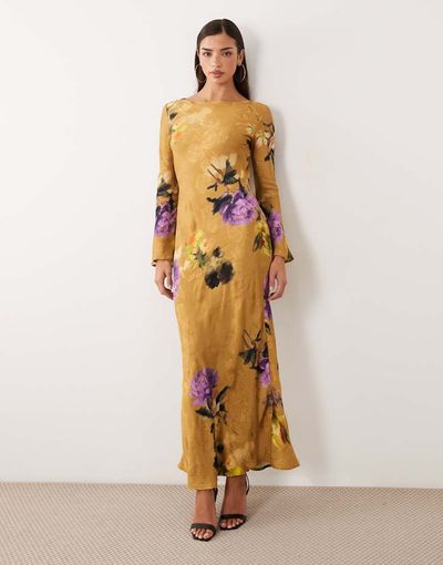 ASOS DESIGN ASOS DESIGN open back maxi dress with fluted sleeves in printed jacquard-MULTI