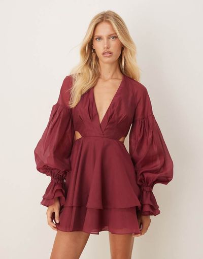 ASOS DESIGN ASOS DESIGN organza pleated mini dress with blouson sleeves and cuff detailing in burgundy-Red