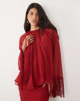ASOS DESIGN ASOS DESIGN overlay layered fringe hem sleeve midi dress in red