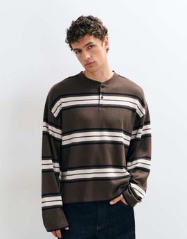 ASOS DESIGN ASOS DESIGN oversized boxy striped long sleeve henley in brown waffle