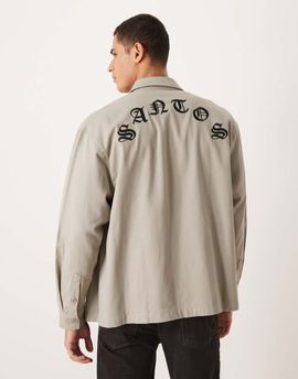 ASOS DESIGN ASOS DESIGN oversized collar twill shirt with back embroidery in beige - part of a set-Neutral