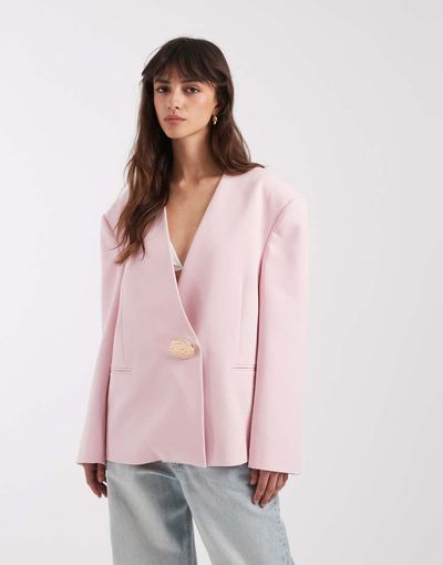 ASOS DESIGN ASOS DESIGN oversized collarless blazer with trim in light pink