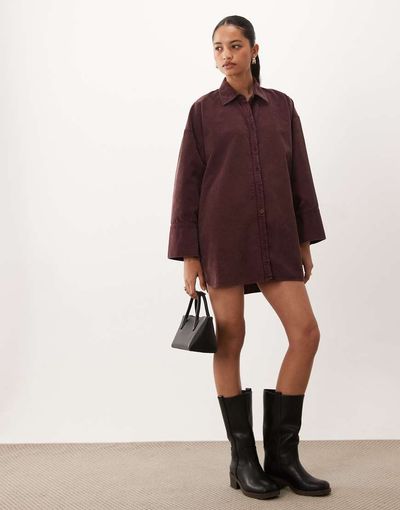ASOS DESIGN ASOS DESIGN oversized cord shirt mini dress in washed burgundy-Red