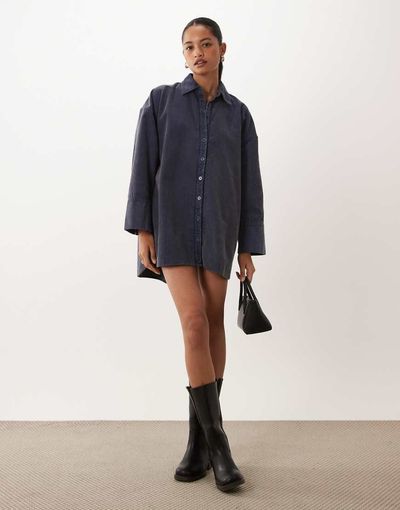 ASOS DESIGN ASOS DESIGN oversized cord shirt mini dress in washed denim blue