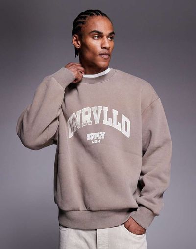 ASOS DESIGN ASOS DESIGN oversized crew neck washed sweatshirt with print detail in brown