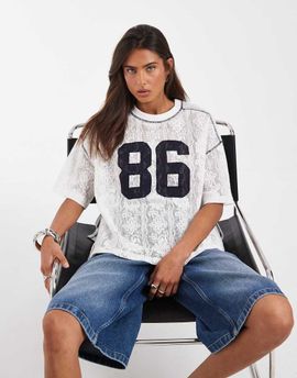 ASOS DESIGN ASOS DESIGN oversized crochet lace t-shirt with sporty number graphic in cream-White