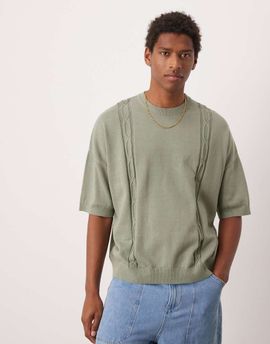 ASOS DESIGN ASOS DESIGN oversized fit knit crew neck T-shirt with embroidery detail in sage green