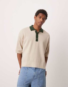 ASOS DESIGN ASOS DESIGN oversized fit knit textured polo in ecru with contrast collar-Neutral