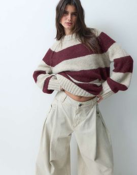 ASOS DESIGN ASOS DESIGN oversized fluffy sweater in burgundy and oatmeal stripes-Red