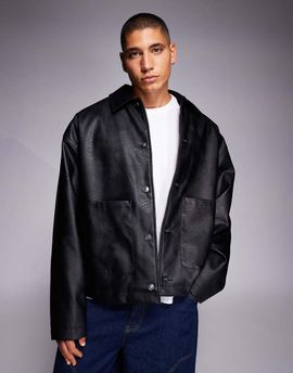 ASOS DESIGN ASOS DESIGN oversized jacket in faux leather with cord collar in black