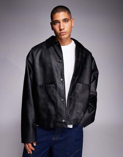 ASOS DESIGN ASOS DESIGN oversized jacket in faux leather with cord collar in black