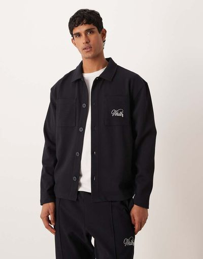 ASOS DESIGN ASOS DESIGN oversized jacquard shacket with embroidery in navy
